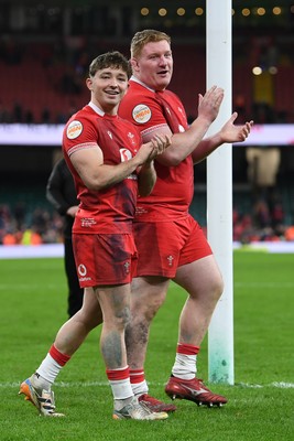 140326 - Wales v Italy - Guinness Men's Six Nations - Dan Edwards of Wales and Rhys Carre of Wales celebrate the win at full time