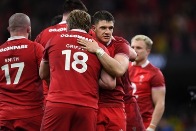 140326 - Wales v Italy - Guinness Men's Six Nations - Joe Hawkins of Wales and Archie Griffin of Wales at full time