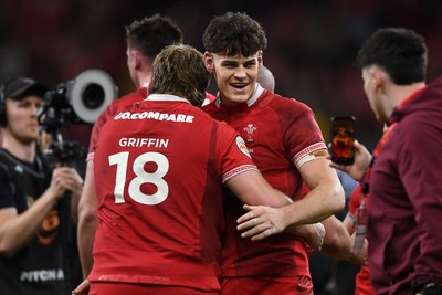 140326 - Wales v Italy - Guinness Men's Six Nations - Archie Griffin of Wales and Eddie James of Wales at full time