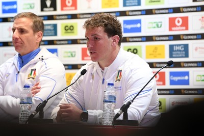 140326 - Wales v Italy - Guinness Men's Six Nations - Michele Lamaro of Italy speaks in the post match press conference  