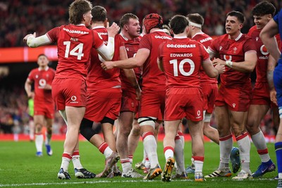 140326 - Wales v Italy - Guinness Men's Six Nations - Dewi Lake of Wales celebrates scoring a try with team mates