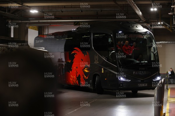140326 - Wales v Italy - Guinness Six Nations Championship - Wales team bus arrive at the stadium