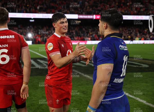 140326 - Wales v Italy - Guinness Six Nations Championship - Louis Rees-Zammit of Wales shakes hands with the opposition