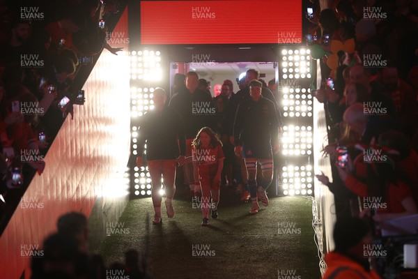 140326 - Wales v Italy - Guinness Six Nations Championship - Dewi Lake of Wales leads the teams out