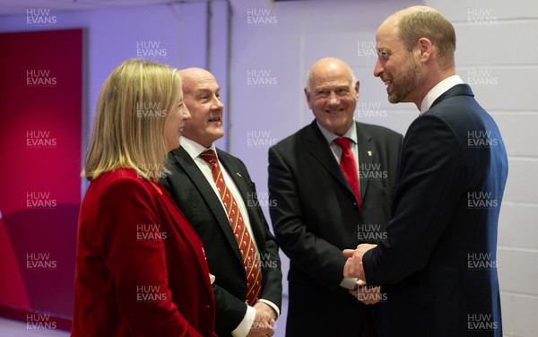140326 - Wales v Italy, Guinness Six Nations 2026 - HRH The Prince of Wales arrives at the Principality Stadium ahead of Wales v Italy and is met by WRU CEO Abi Tierney, WRU chairman Richard Collier-Keywood and WRU President Terry Cobner 