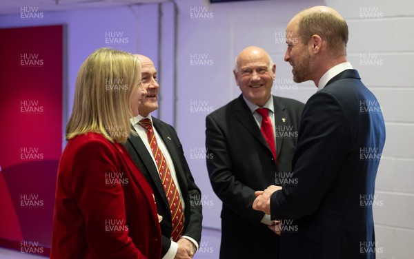 140326 - Wales v Italy, Guinness Six Nations 2026 - HRH The Prince of Wales arrives at the Principality Stadium ahead of Wales v Italy and is met by WRU CEO Abi Tierney, WRU chairman Richard Collier-Keywood and WRU President Terry Cobner 