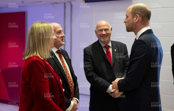 140326 - Wales v Italy, Guinness Six Nations 2026 - HRH The Prince of Wales arrives at the Principality Stadium ahead of Wales v Italy and is met by WRU CEO Abi Tierney, WRU chairman Richard Collier-Keywood and WRU President Terry Cobner 