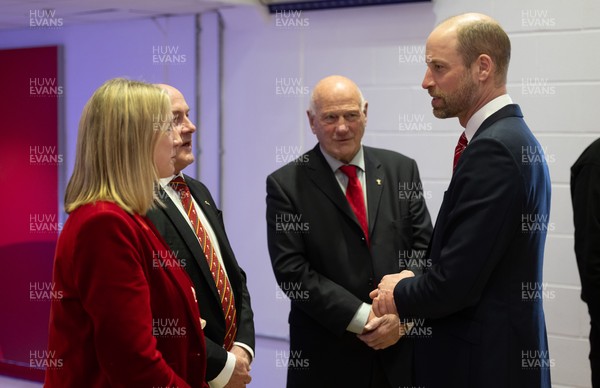 140326 - Wales v Italy, Guinness Six Nations 2026 - HRH The Prince of Wales arrives at the Principality Stadium ahead of Wales v Italy and is met by WRU CEO Abi Tierney, WRU chairman Richard Collier-Keywood and WRU President Terry Cobner 