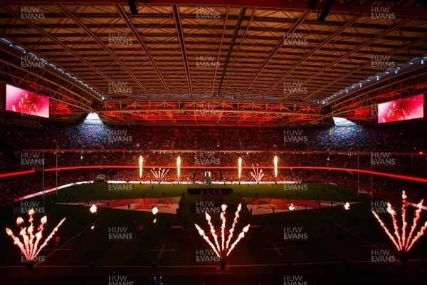 140326 - Wales v Italy - Guinness Six Nations - General view inside Principality Stadium before the match with pyrotechnics and light show