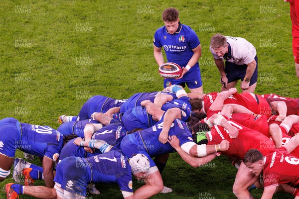 140326 - Wales v Italy - Guinness Six Nations - Stephen Varney of Italy prepares to put the ball into scrum