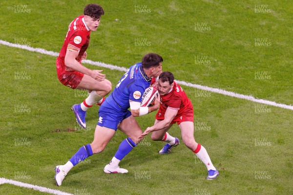 140326 - Wales v Italy - Guinness Six Nations - Tommaso Allan of Italy tackles Tommaso Allan of Italy close to the Wales try line