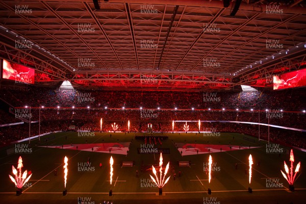 140326 - Wales v Italy - Guinness Six Nations - General view inside Principality Stadium before the match with pyrotechnics and light show
