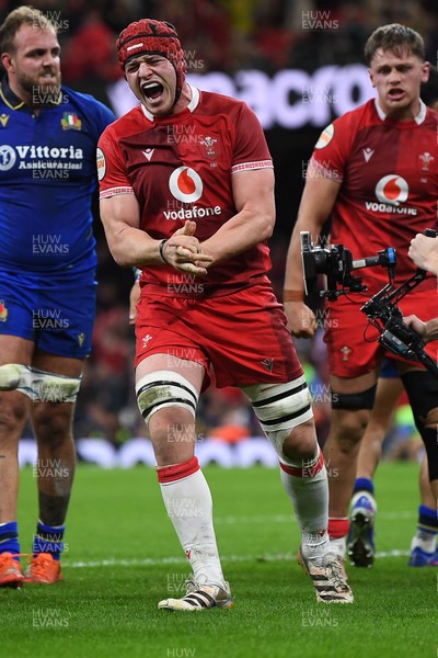 140326 - Wales v Italy - Guinness Men's Six Nations - James Botham of Wales celebrates after his side power over to score a try