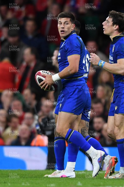 140326 - Wales v Italy - Guinness Men's Six Nations - Tommaso Allan of Italy celebrates scoring a try with team mates