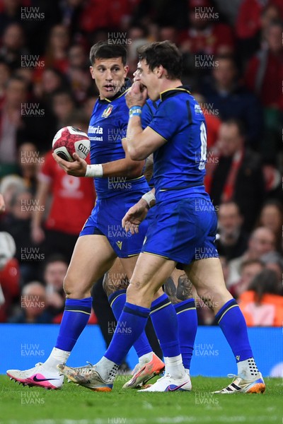 140326 - Wales v Italy - Guinness Men's Six Nations - Tommaso Allan of Italy celebrates scoring a try with team mates