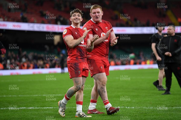140326 - Wales v Italy - Guinness Men's Six Nations - Dan Edwards of Wales and Rhys Carre of Wales celebrate the win at full time