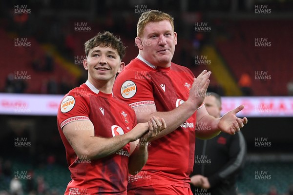 140326 - Wales v Italy - Guinness Men's Six Nations - Dan Edwards of Wales and Rhys Carre of Wales celebrate the win at full time