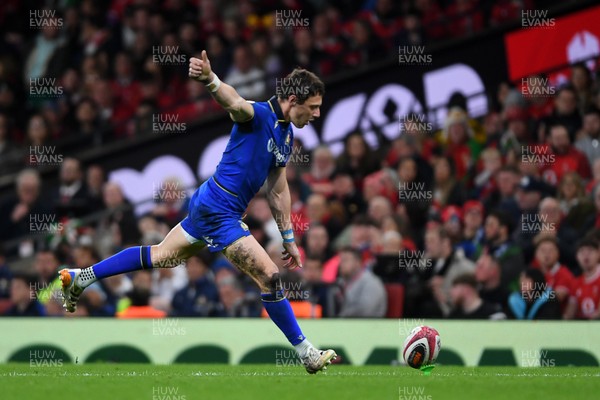 140326 - Wales v Italy - Guinness Men's Six Nations - Paolo Garbisi of Italy kicks the conversion
