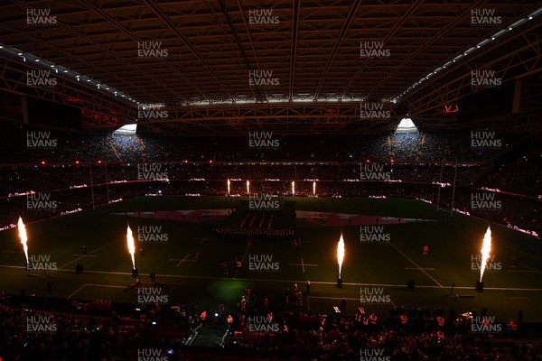 140326 - Wales v Italy - Guinness Men's Six Nations - Flame display before the match
