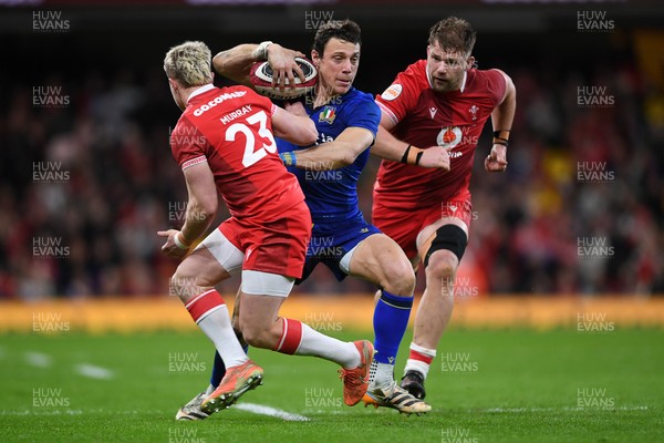 140326 - Wales v Italy - Guinness Men's Six Nations - Lorenzo Cannone of Italy  is challenged by Blair Murray of Wales
