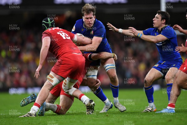 140326 - Wales v Italy - Guinness Men's Six Nations - Niccolo Cannone of Italy is challenged by Adam Beard of Wales
