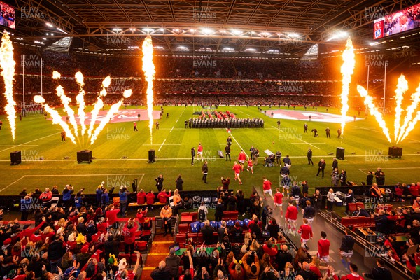 160324 - Wales v Italy - Guinness Six Nations - View of the stadium pyrotechnics as the players walk on to the pitch 
