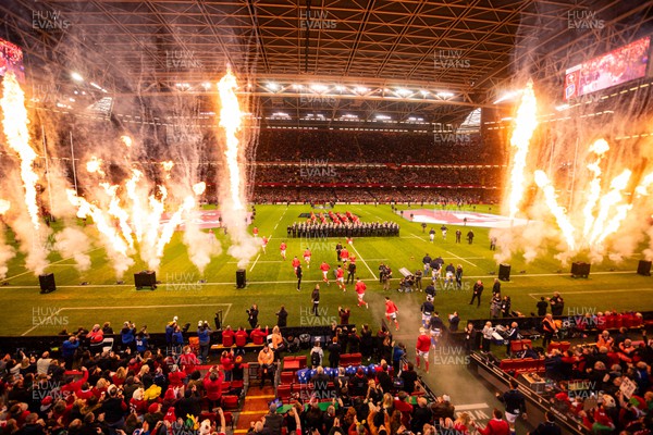 160324 - Wales v Italy - Guinness Six Nations - View of the stadium pyrotechnics as the players walk on to the pitch 