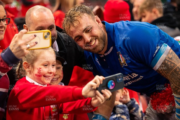 160324 - Wales v Italy - Guinness Six Nations - Nicolo Canali takes a picture with Welsh fans 