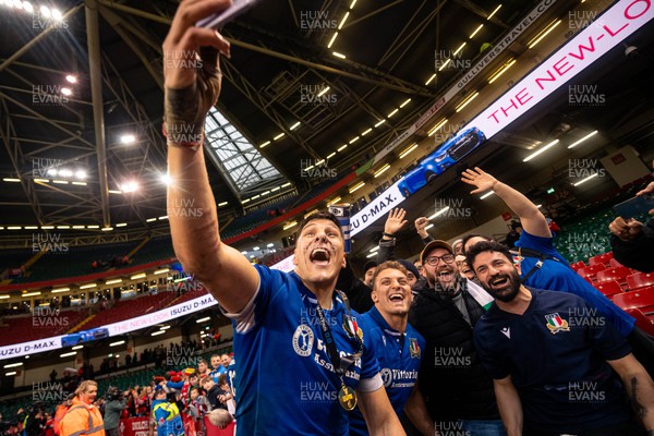 160324 - Wales v Italy - Guinness Six Nations - Juan Ignacio Brex of Italy takes a picture with fans 