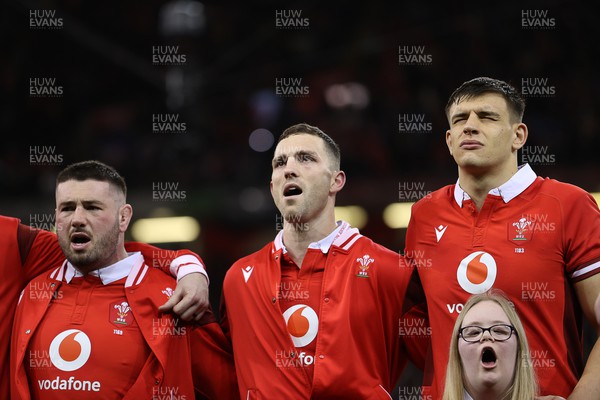 160324 - Wales v Italy - Guinness 6 Nations 2024 - George North of Wales sings the anthem