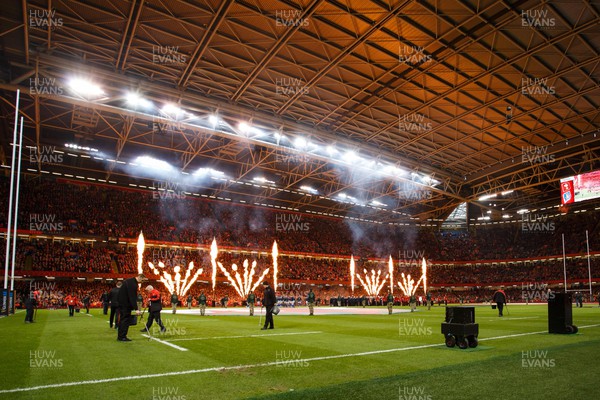 160324 - Wales v Italy - Guinness Six Nations - General view inside Principality Stadium as teams run out with pyrotechnics