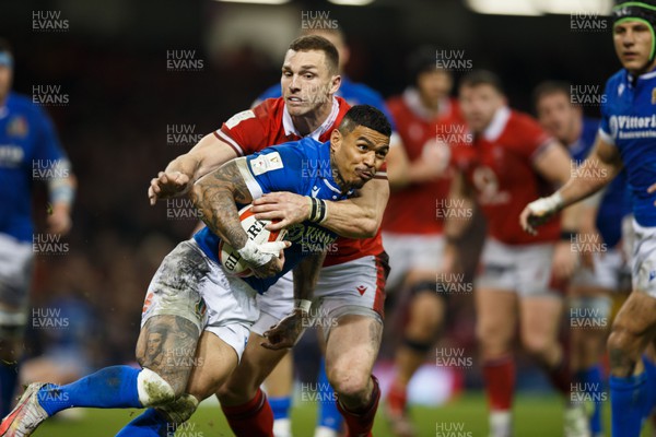 160324 - Wales v Italy - Guinness Six Nations - Monty Ioane of Italy is tackled by George North of Wales