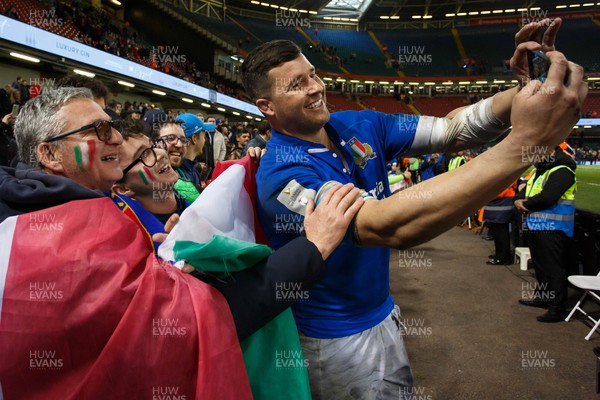 160324 - Wales v Italy - Guinness Six Nations - Sebastian Negri of Italy celebrates with fans at the end of the match