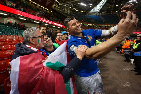 160324 - Wales v Italy - Guinness Six Nations - Sebastian Negri of Italy celebrates with fans at the end of the match