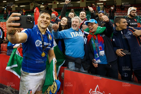 160324 - Wales v Italy - Guinness Six Nations - Juan Ignacio Brex of Italy celebrates with fans at the end of the match