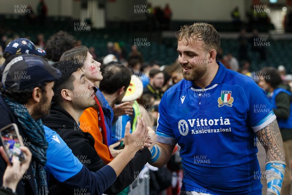 160324 - Wales v Italy - Guinness Six Nations - Niccolo Cannone of Italy celebrates with fans at the end of the match