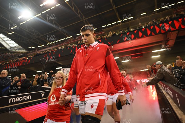 160324 - Wales v Italy - Guinness Six Nations - Dafydd Jenkins of Wales  makes their way out for the national anthems