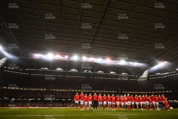 160324 - Wales v Italy - Guinness Six Nations - Players of Wales line up for the national anthems
