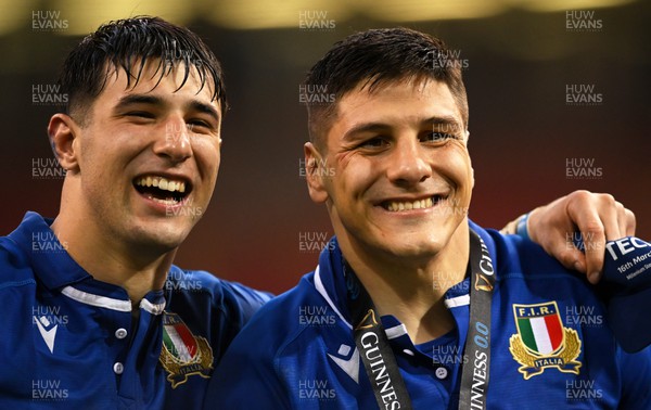160324 - Wales v Italy - Guinness Six Nations - Tommaso Menoncello and Juan Ignacio Brex of Italy  celebrate following the match