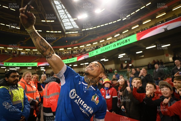 160324 - Wales v Italy - Guinness Six Nations - Monty Ioane of Italy poses for a selfie
