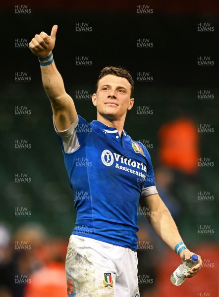 160324 - Wales v Italy - Guinness Six Nations - Paolo Garbisi of Italy  celebrates after the match
