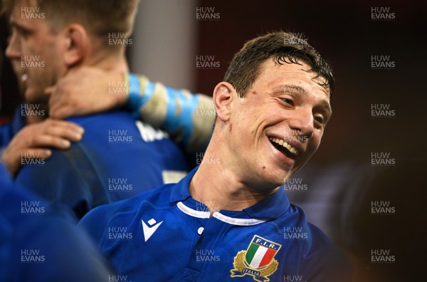 160324 - Wales v Italy - Guinness Six Nations - Paolo Garbisi of Italy  celebrates after the match