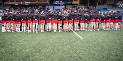 170526 - Wales v Italy, 2026 Guinness Women’s 6 Nations - The Wales team line up for the anthems ahead of the match