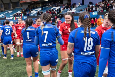 170526 - Wales v Italy, 2026 Guinness Women’s 6 Nations - Jorja Aiono of Wales congratulates Alissa Ranuccini of Italy at the end of the match