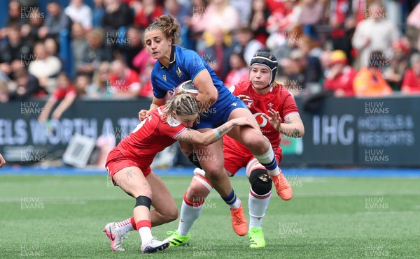 170526 - Wales v Italy, 2026 Guinness Women’s 6 Nations - Keira Bevan of Wales tackles Sara Mannini of Italy