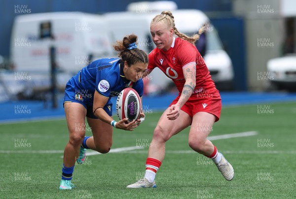 170526 - Wales v Italy, 2026 Guinness Women’s 6 Nations - Francesca Granzotto of Italy is tackled by Nikita Prothero of Wales