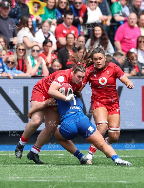 170526 - Wales v Italy, 2026 Guinness Women’s 6 Nations - Gwenllian Pyrs of Wales is tackled by Alissa Ranuccini of Italy