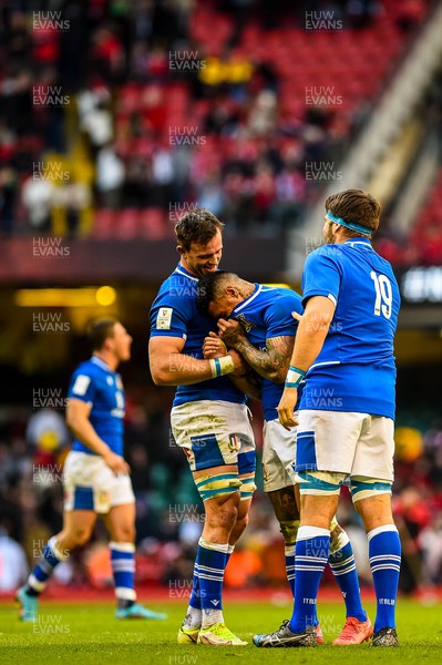 190322  - Wales v Italy - Guinness Six Nations  - Montanna Ioane of Italy ( centre ) reacts at the end of the game 