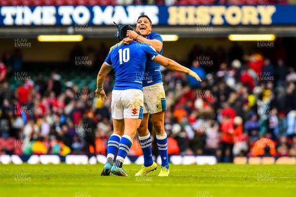 190322  - Wales v Italy - Guinness Six Nations  - Juan Ignacio Brex of Italy and Paolo Garbisi of Italy react at final whistle 
