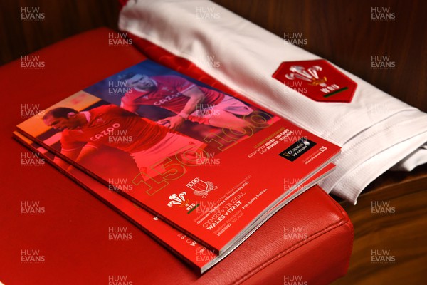 190322 - Wales v Italy - Guinness Six Nations - Match programme and match shorts in the dressing room